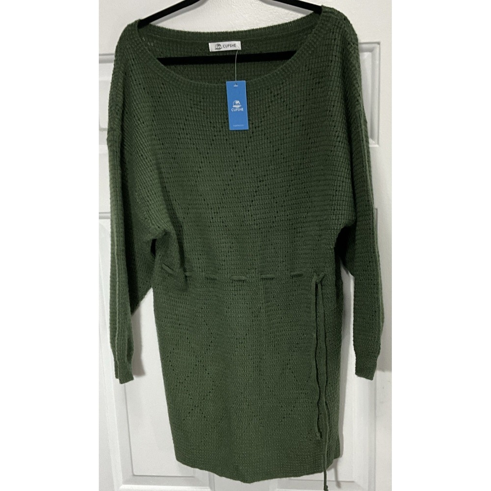 Cupshe Honeycomb Knit Beach Mini Sweater-Dress Puff Long Sleeve Green Medium